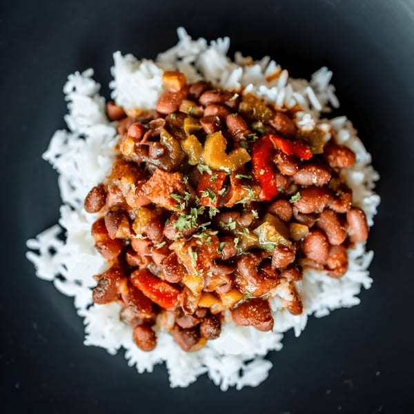 Red beans and rice with bell peppers and herbs, served in a dark bowl.